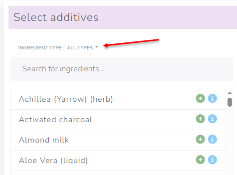 The Cosmetics Lab Soap Calculator - filter by ingredient type