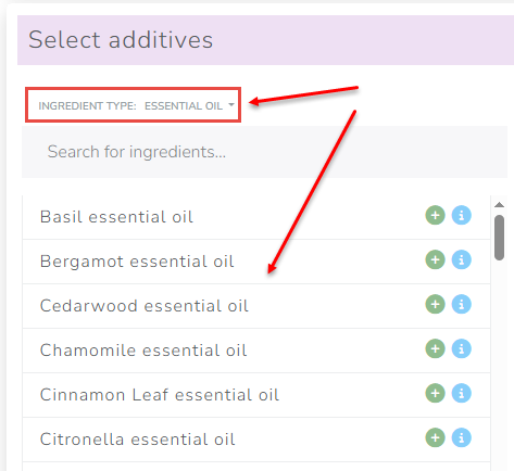 The Cosmetics Lab Soap Calculator - show ingredients of a certain type