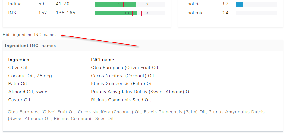 The Cosmetics Lab Soap Calculator - view INCI names
