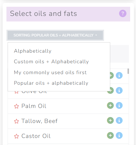 The Cosmetics Lab Soap Calculator - Oils/fats sorting options