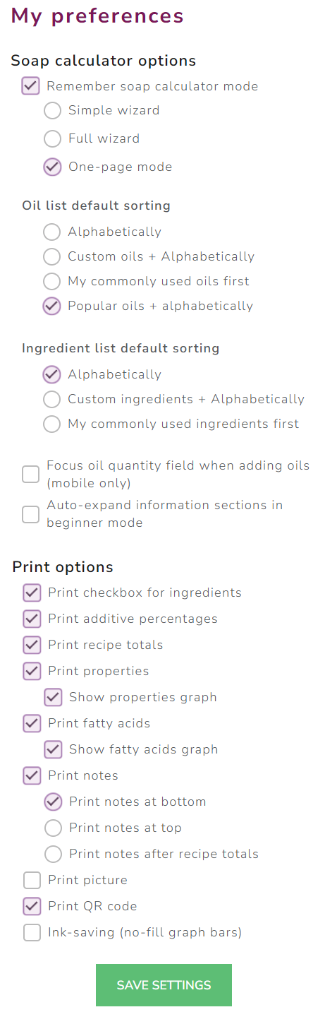 The Cosmetics Lab Soap Calculator - user preferences